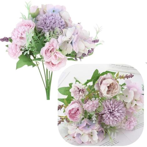 Bouquet di crisantemi e rose artificiali per composizione in vaso, 32 cm - Viola