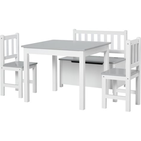 Ensemble table et chaises enfant 4 pièces table 2 chaises banc coffre 2 en 1 MDF pin blanc gris
