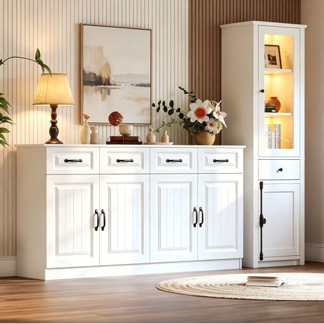 Credenza con vetrina a LED, 160x35x80 cm + 55x40x200 cm, MDF bianco (1/5)