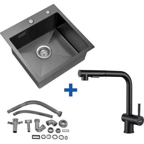 Fregadero Cocina 1 Seno 45 x 45 cm de Acero Inoxidable + Grifo de cocina extraíble 360° Giratorio Mezclador Monomando de Fregadero,7-Form (1/5)