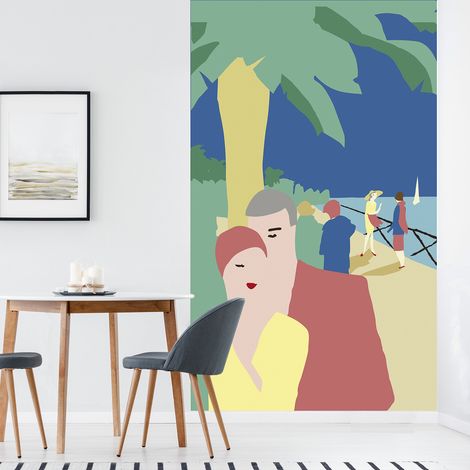 Papier peint intissé Promenade à deux, 250 cm X 150 cm, Personnages glamours, Mélange de couleurs, Bord de mer. (1/2)
