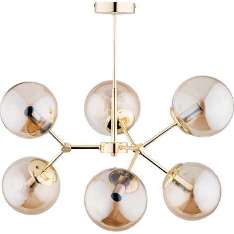 Suspension dorée 6 globes verre ambre E14 Alfa Foton (1/3)