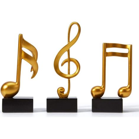 Set di 3 statuette decorative a forma di nota musicale, scultura, statua, arte musicale moderna per Natale, pianoforte, regalo di compleanno, resina, oro - Crezuo