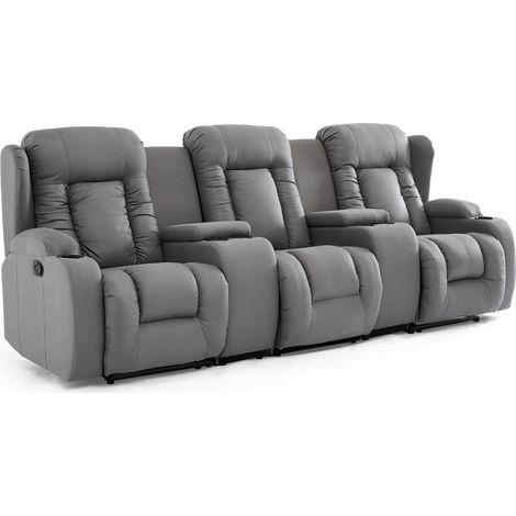 CAESAR 3 SEATER GREY TECHNOLOGY FABRIC MODERN MANUAL RECLINER SOFA w DRINKS CONSOLE (1/5)