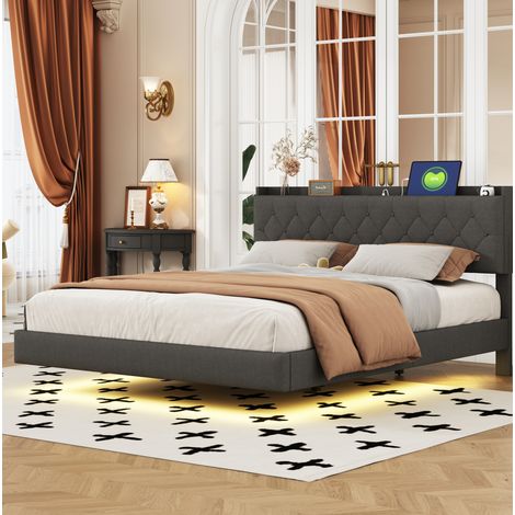 MEUBLIV Bettgestell 160x200 cm Grau – LED-Lichtleiste, USB-Anschluss, ohne Matratze (1/5)