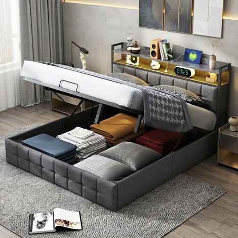 Lit Coffre 140x190 cm avec Sommier à Lattes, LED et USB, Lit Double Capitonné avec Rangement hydraulique, lit 2 Personnes pour Adultes et Adolescents, Lin, Gris (1/5)
