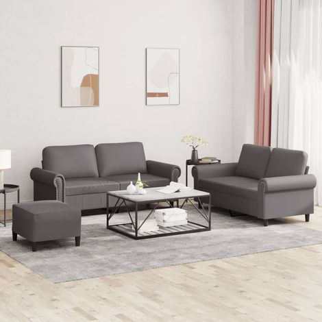 3-tlg. Sofagarnitur mit Kissen Grau Kunstleder