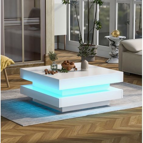 Couchtisch aus Spanplatte in Weiß Hochglanz 70 cm mit 360° drehbarer Tischplatte und LED (1/5)