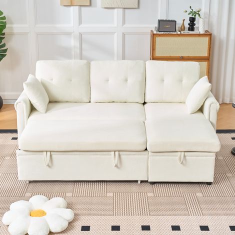 Canapé d'angle convertible en lit avec rangement, canapé-lit pratique avec espace de rangement, montage possible des deux côtés, canapé en L en chenille beige pour salon ou chambre d'amis (1/5)
