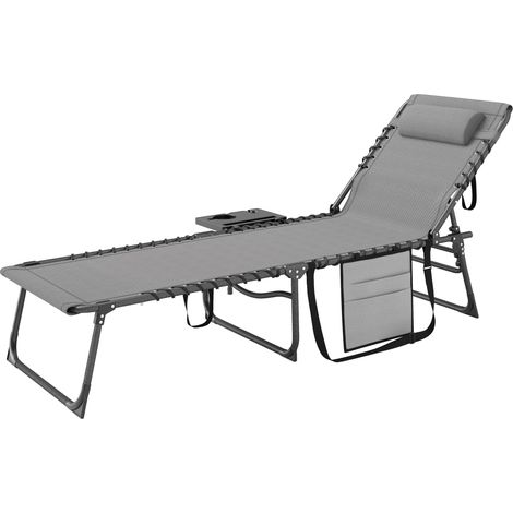 Klappbare Sonnenliege mit 5-fach verstellbarer Rückenlehne, Ablagen, Kopfstütze und Seitentasche, 60 x 190 x 31 cm, grau