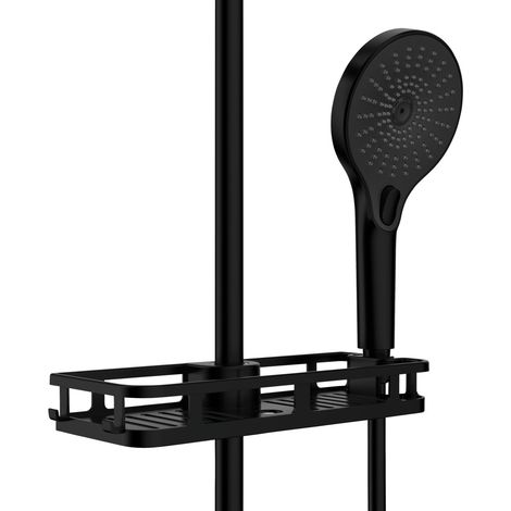 Tablette de douche en noir  Etagère de douche avec crochet et support pour pommeau de douche en plastique  Fixation sans perçage  28,5 x 4 x 11,5 cm  Noir mat (1/5)