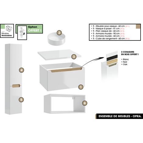 Ensemble complet de salle de bain - Meuble - Armoires - Cube - Vasque à poser avec Siphon OFFERT OPRA 60 x 30 x 45 cm (1/5)