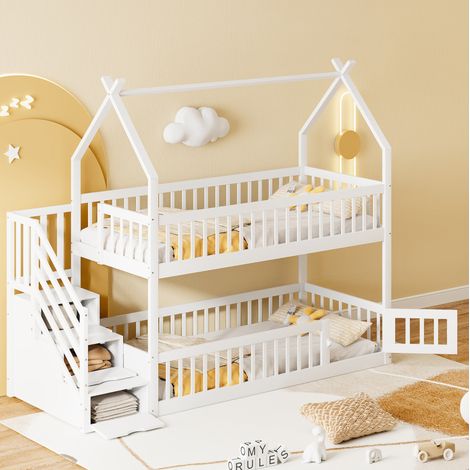 DESVIAE Lit superposé enfant 90 x 200 cm avec toit cabane escalier sécurisé tiroirs de rangement espace de jeu bois massif de pin blanc (1/5)