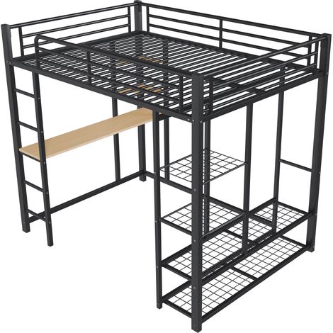 Metall-Hochbett 140 x 200 cm in Schwarz mit Schreibtisch, Ablagen und offenem Kleiderschrank (1/5)