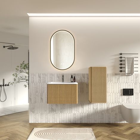 Ensemble de meubles de salle de bains avec lavabo, meuble vasque et miroir LED, meuble sous-vasque mural de 60 cm de large avec lavabo, miroir ovale avec cadre noir, coloris chêne. (1/3)