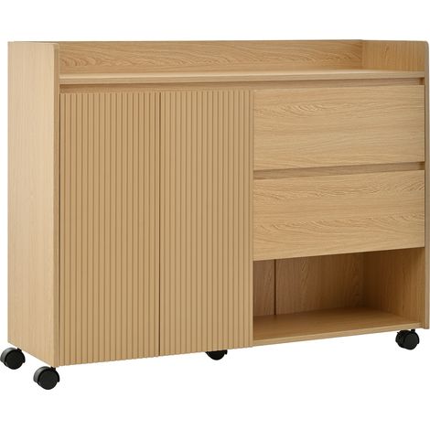 ELVMI Mobile scarpiera con 2 Cassetti, Vani aperti, Ripiani regolabili e Ruote con Freno in MDF 110×35×86 cm Naturale (1/4)