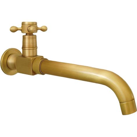 Robinet D'Eau Froide Mural Laiton Antique Pivotant 360°, 24cm  Robinet monocommande mural lavabo long laiton pour salle de bain jardin balcon terrasse extérieur maison hôtel (1/5)
