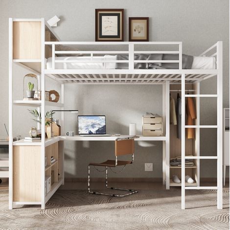 MEUBLIV Hochbett 140x200 cm Weiß – mit Schreibtisch, Kleiderschrank, ohne Matratze (1/5)
