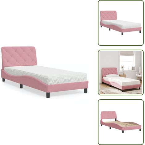 The Living Store Lit avec matelas rose 80x200 cm velours - Matelas en mousse (1/5)