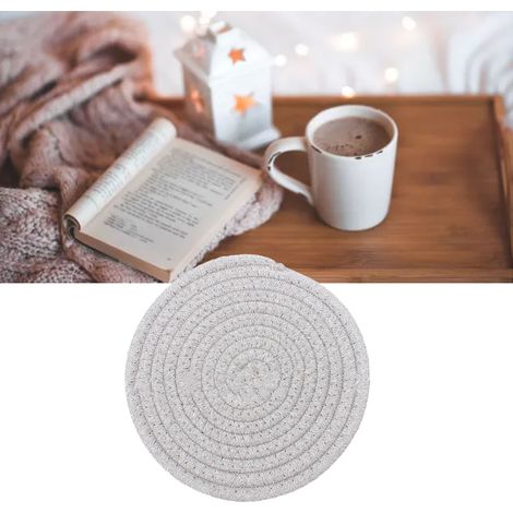Dessous de verre rond en coton tissé à la main, 11 cm d'épaisseur, isolant et polyvalent, pour table et cuisine, gris clair. (1/5)