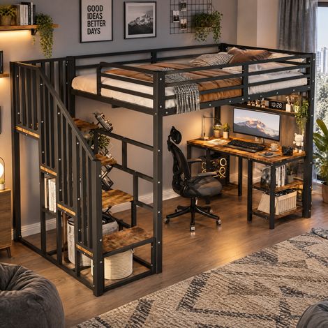 JOOKGBD-Lit Mezzanine Métallique 120×200cm Noir et Effet Bois Vieilli, avec Bureau Intégré, Escalier à Main Courante, Étagères de Rangement, Garde-corps Sécurisé,pour Chambre d’Enfant et Adolescent (1/5)