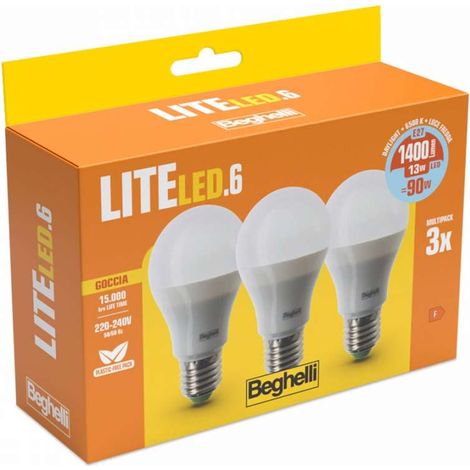 Beghelli Lampadina Led Goccia 13W 6500k 3 Pezzi Lite Led e27 400lm Luce Fredda (1/4)