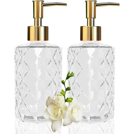 Set di 2 dispenser di sapone in vetro diamantato, capacità 330 ml, pompa in plastica color oro, trasparenti, ricaricabili per sapone liquido, lozione, detersivo per piatti, ecc. (1/5)