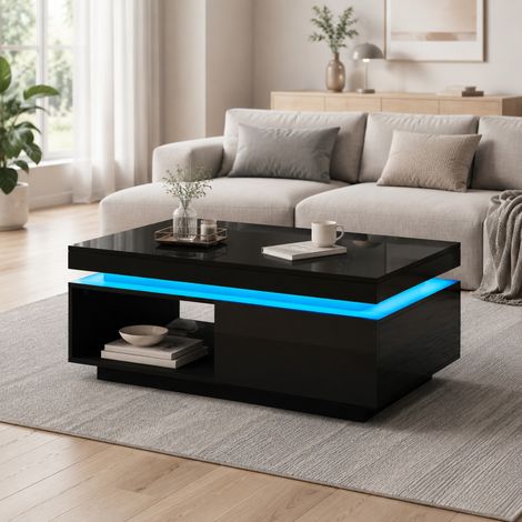 Mesa de centro con LED, 100 x 50 x 40 cm, 1 cajón, negro (1/5)