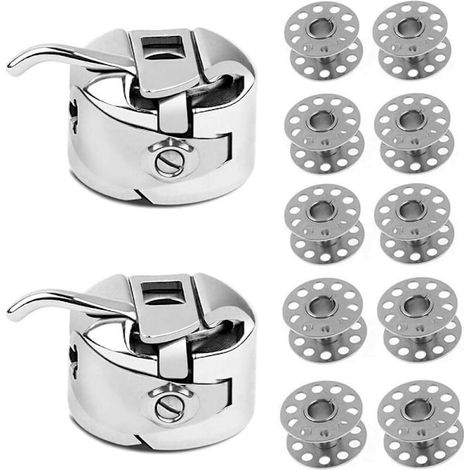 LYERCW - MSBD Lot de 10 canettes métalliques pour machines à coudre + 2 boîtiers de canette pour machines Toyota, Brother, Janome, Elna, Bernina, Singer