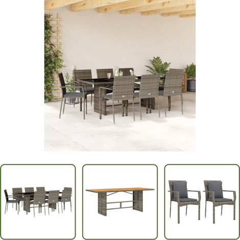 Gartentisch - 9-tlg. Garten-Essgruppe mit Kissen Grau Poly Rattan (1/5)