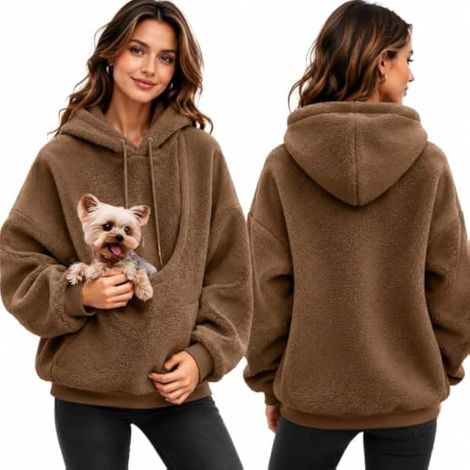 Chandails en Molleton avec Poches pour Chiens, Pull pour Chat, Sweatshirts Amusants avec Poche Kangourou Grande Taille pour Chat et Chiot - Pull de Porte-bébé Mignon à Manches Longues,Marron:1:M (1/5)