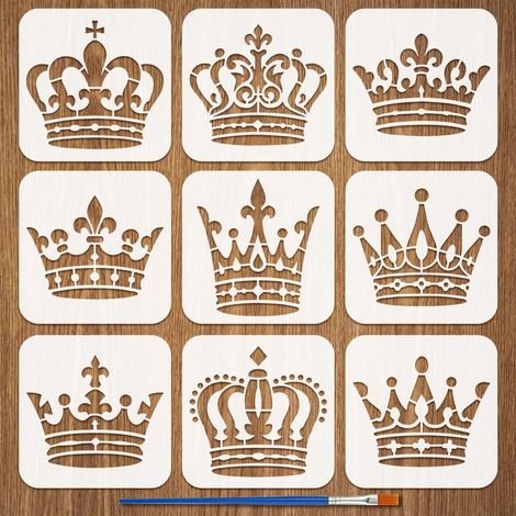 9Pcs Pochoirs Couronne Peinture Avec Pinceau 15x15cm Pochoirs Reutilisables Reine Princesse Art Modèle Couronne Roi en Plastique pour Peinture sur Bois Mur Sol Tissu Meuble DIY Artisanat (1/5)