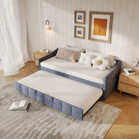 Lit gigogne 90x200 cm - Velours Gris - Canapé-lit extensible - 2 places - 370 kg de charge - Sommier à lattes inclus - Contemporain