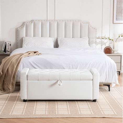 Banc coffre 122x45x47 cm en cuir synthétique blanc, avec rangement pour chambre FloraGrace (1/5)