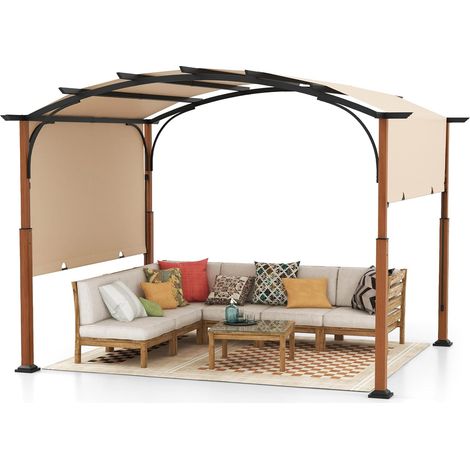 Costway – Pergola rétractable extérieure 300 x 360 cm – Structure métallique arquée – Auvent en polyester ignifuge – Fixation au sol avec 16 clous (1/5)