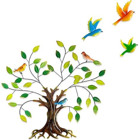 Décoration murale métallique « Arbre de vie » avec feuilles vertes et colibris, pour votre maison ou votre jardin - 24.4 inch de diamètre