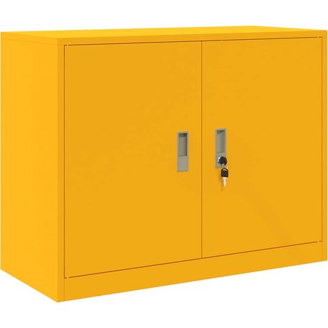 Armoire de rangement moderne pour bureau 90 x 40 x 70 cm avec portes verrouillables style industriel en acier laminé à froid jaune moutarde (1/5)