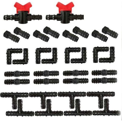 Raccords d'Irrigation pour Tubes , Tés, Couplages, Coudes et Bouchons d'Extrémité Connects Barbelés pour Systèmes d'Arrosage Goutte-à-Goutte 34 Pièces