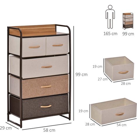 Commode rangement 5 tiroirs pliables en tissu marron, buffet avec poignées, meuble anti-basculement pour salon et chambre, armoire légère à monter soi-même. (1/5)