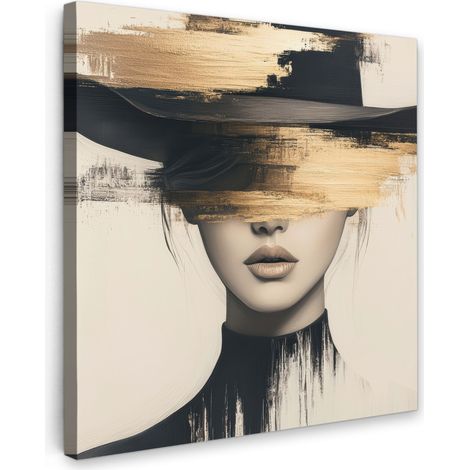 TABLEAU SUR TOILE Femme - Chapeau - Peinture Tableau Chambre Adulte 90x90 cm
