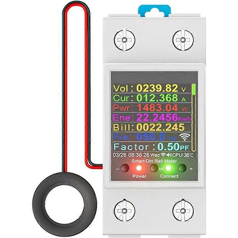 Compteur d'énergie intelligent Tuya WiFi sur rail DIN avec coupure de fuite, mesure en temps réel de la puissance (kWh), surveillance de la tension et du courant, bobine d'inductance mutuelle (1/5)