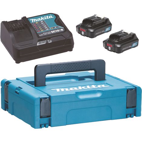 Makita – Ensemble d'accessoires 12V avec 2 batteries 2.0Ah – Chargeur DC10SB – Technologie XPT pour durabilité – Pour chantiers humides