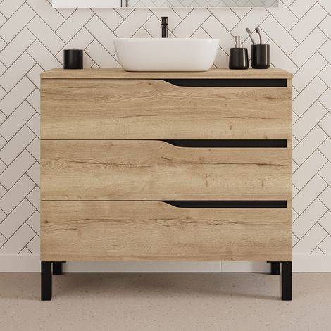 Meuble de salle de bain 90cm avec plateau et vasque à poser zeus - 3 tiroirs - sans miroir - madera miel (chêne clair) - MATA (1/4)