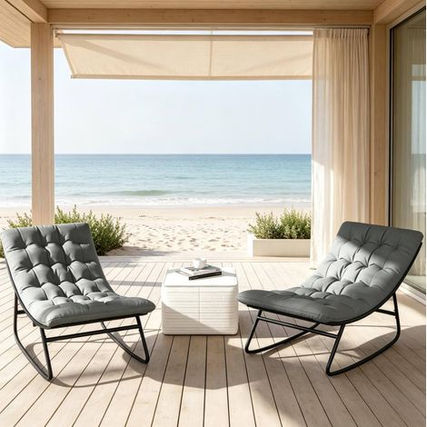 Sillón mecedora de exterior, lote de 2, 64 x 101 x 71 cm, gris oscuro y negro HAVRYA (1/5)