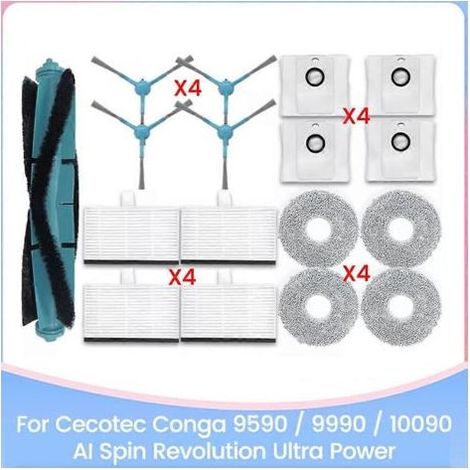 Lot de 17 pièces pour Cecotec Conga 9590/9990/10090 AI Spin Revolution Ultra Power : brosse, filtre HEPA, chiffon et sac à poussière. (1/5)