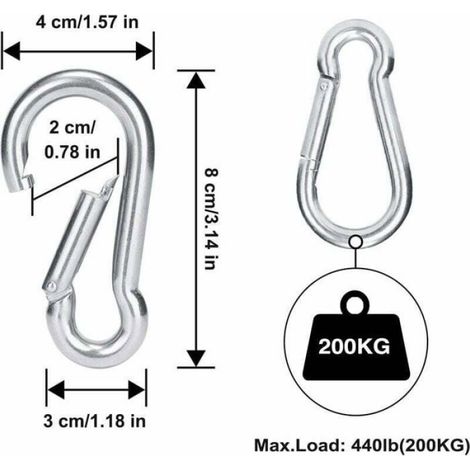 Mousqueton - Acier Inoxydable 304 - 8 mm Épaisseur - 80 mm Longueur - Charge 200 kg - 4 Pièces (1/3)