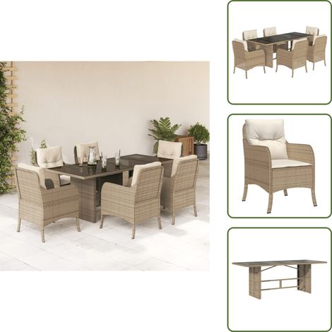 Ensemble à manger de jardin et coussins 7 pcs beige poly rotin - Salon De Jardin - Set Salon De Jardin - Mobilier De Jardin - Table De Jardin - Chaises De Jardin