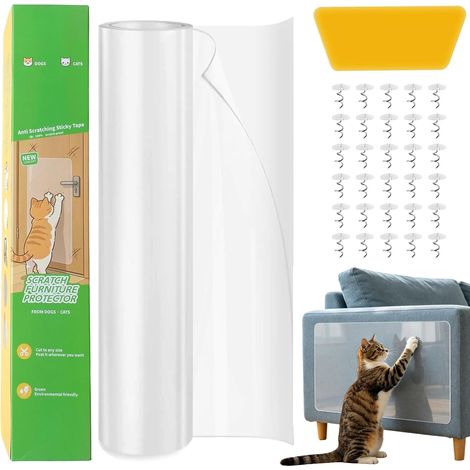 Protection Canapé Chat Anti Griffe 30cm x 5m, Film Transparent Autocollant Protege Canapé Griffe Chat, Anti Griffe Chat Canapé pour Meuble Porte Mur Tapis, Inclus Raclette et 30 Clous de Fixation (1/5)