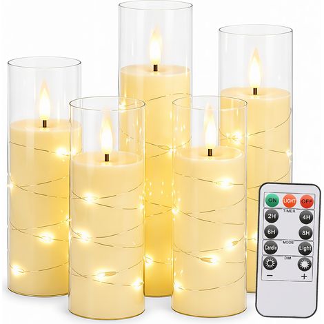Wolketon Velas LED sin llama, set de 5 con mando a distancia y temporizador, acrílico transparente, Ø 5,5 cm, alturas 14/14/16/18/20 cm, guirnalda luminosa (1/5)