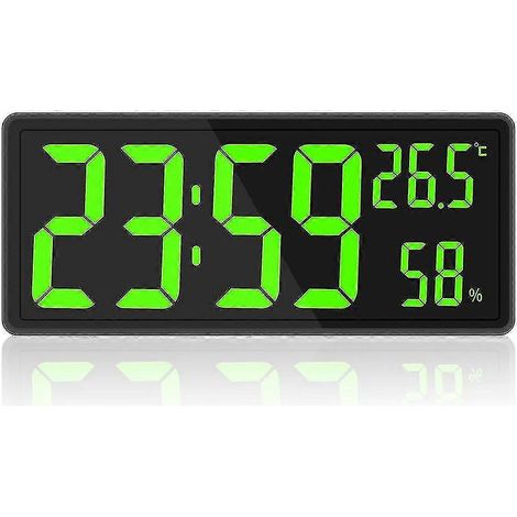 Grande horloge murale numérique avec affichage LED de la température et de l'humidité idéale pour la chambre ou le bureau (vert). (1/5)